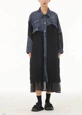 Plus Size Colorblock Oversized Denim Patchwork Wrinkled Chiffon Shirt Dresses